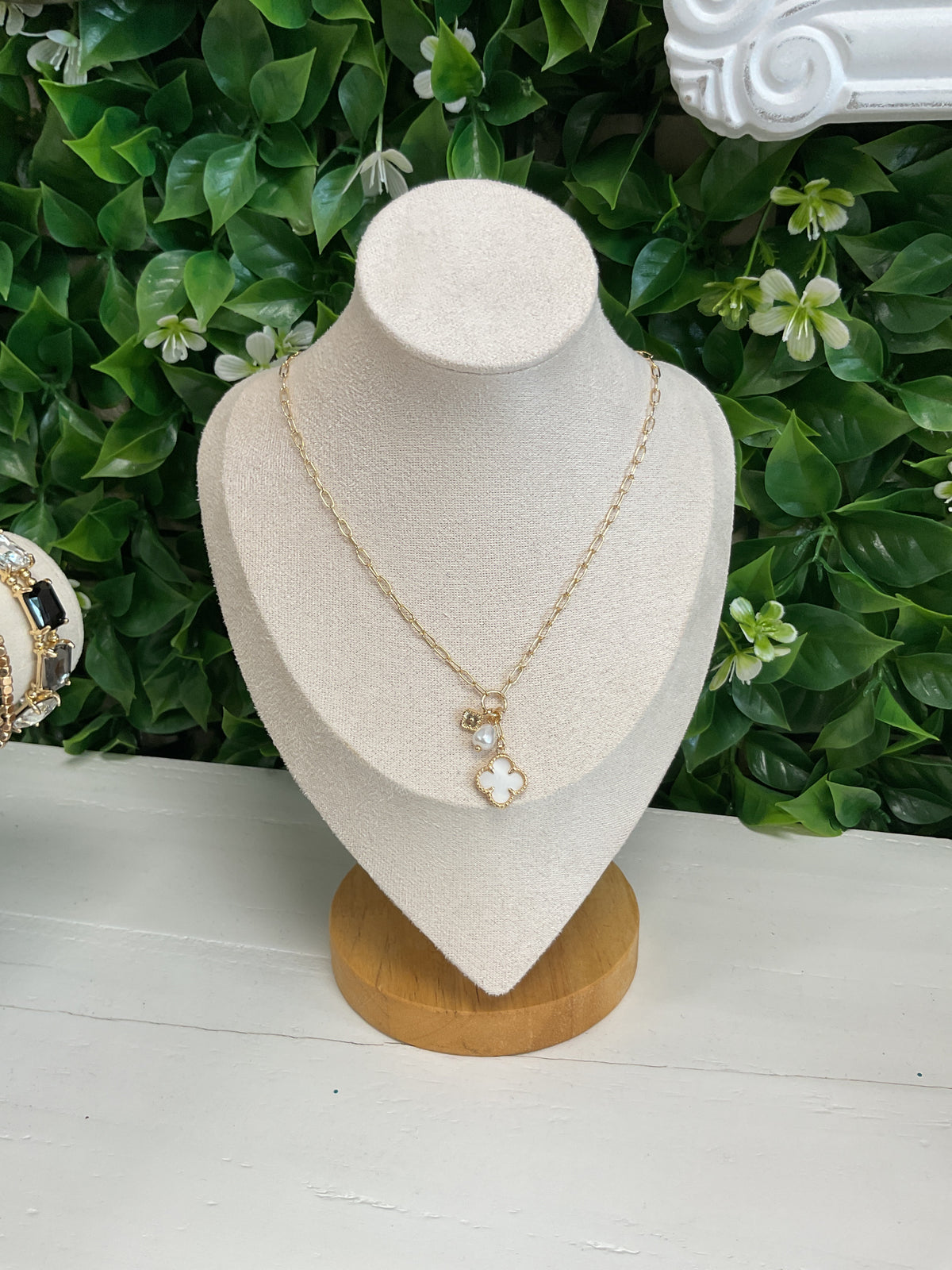 Double Clover and Pearl Charm Necklace