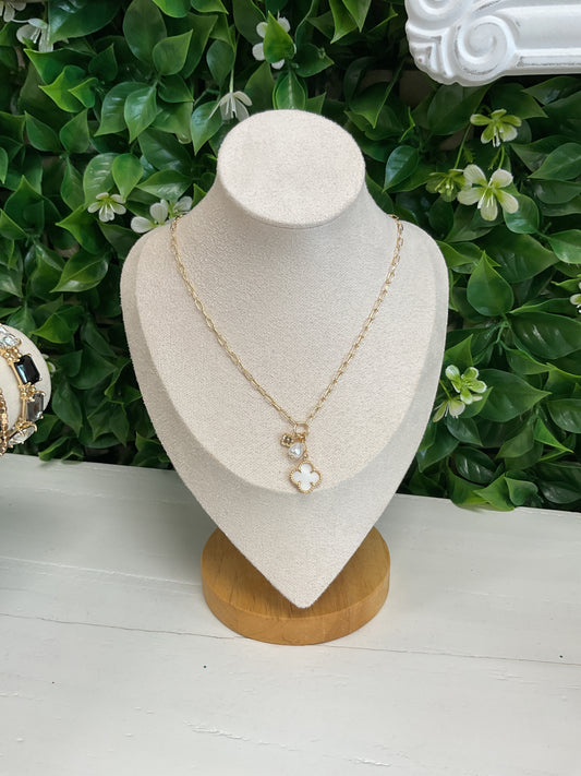 Double Clover and Pearl Charm Necklace