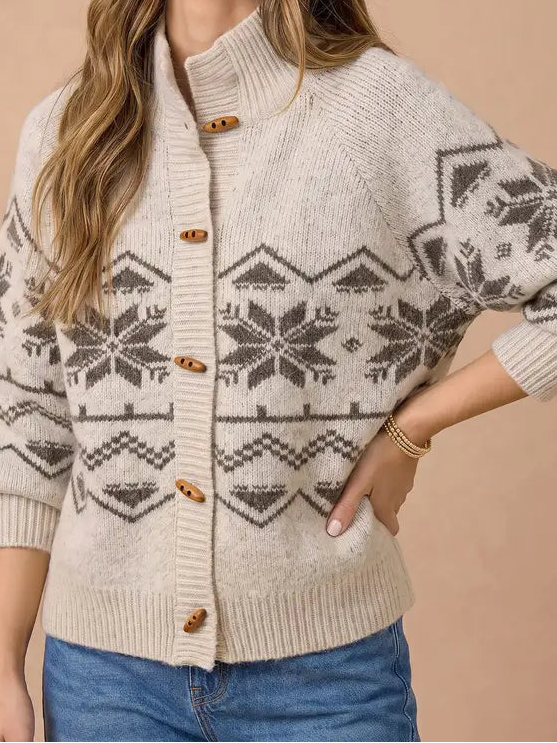CREAM AND GRAY NORDIC CARDIGAN W TOGGLE BUTTONS