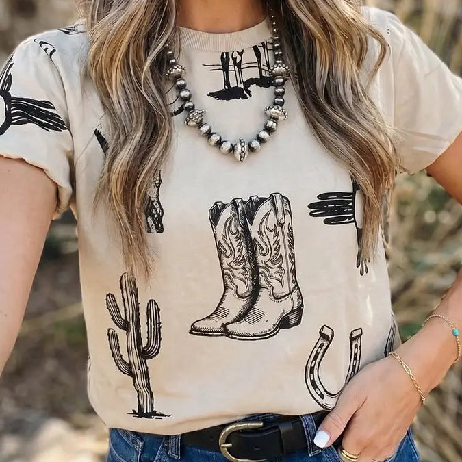BEIGE WESTERN GRAPHIC T SHIRT PUFFY SLEEVES