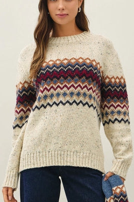 CREAMISH PATTERNED SWEATER W BLUES AND BURGUNDYS