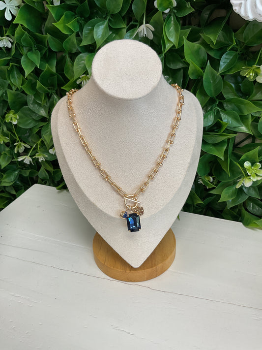 Gold Chain Blue Gem Charm Necklace