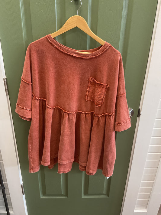 Rust babydoll top w/ eyelet pocket