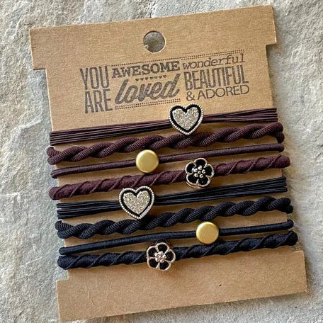 BROWN AND BLACK HEART CHARM HAIR TIES