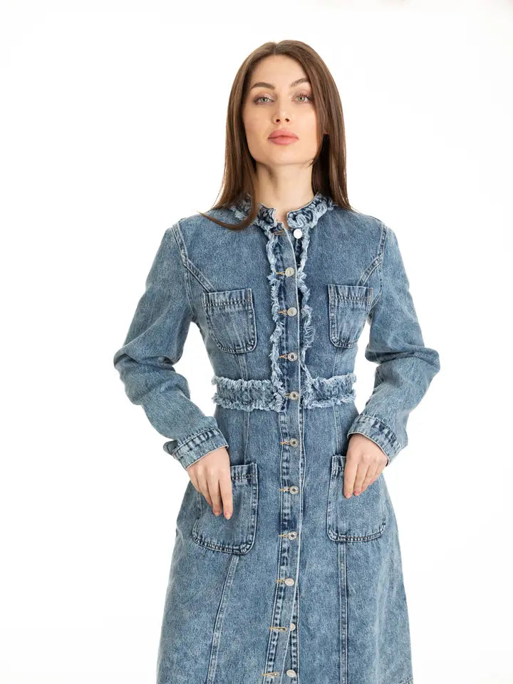 DARK WASH FRAYED DENIM DRESS