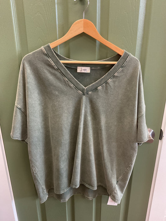 Green acid wash deep V neck tee