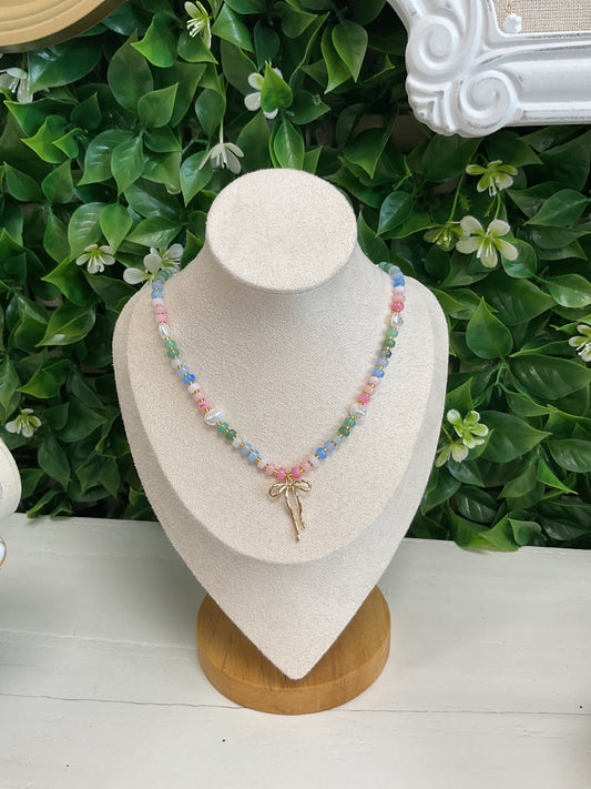 Colorful Pearl Bow Charm Necklace