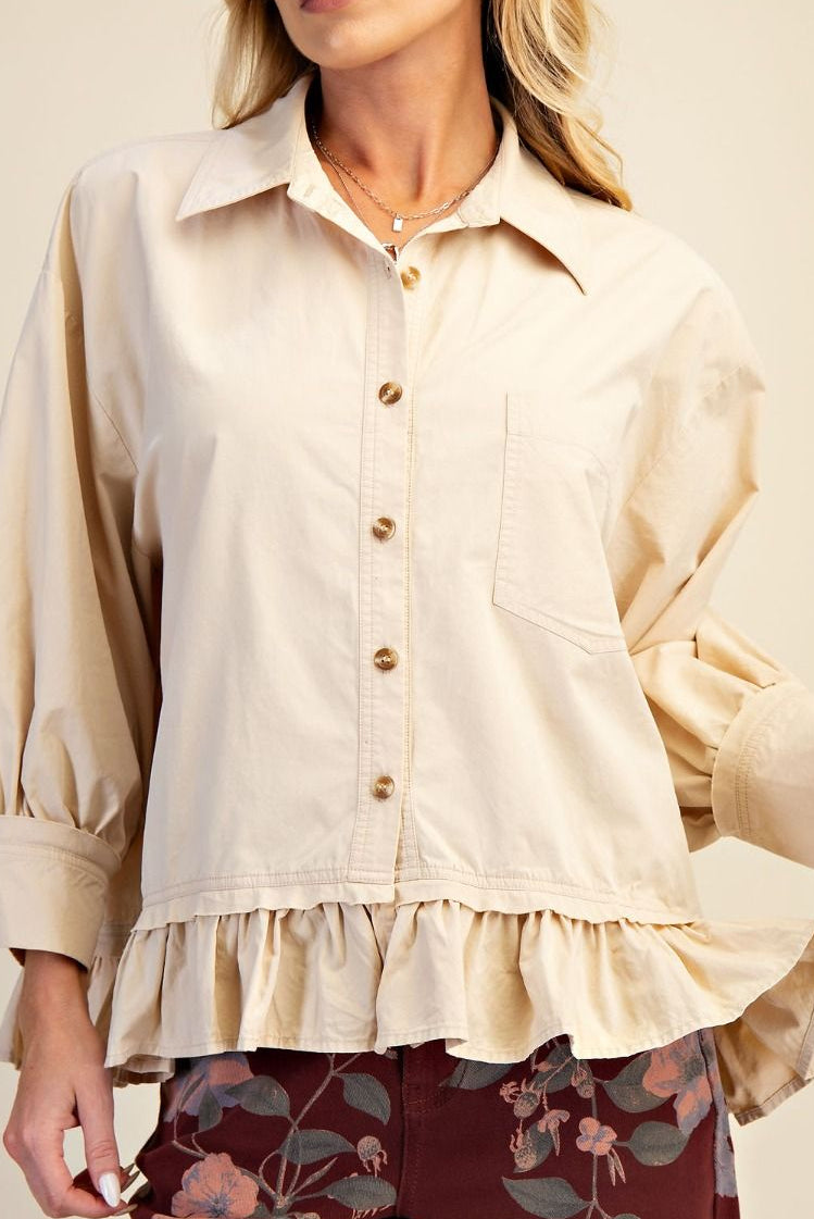 EASEL CREAM BUTTON DOWN LS RUFFLE BOTTOM BLOUSE