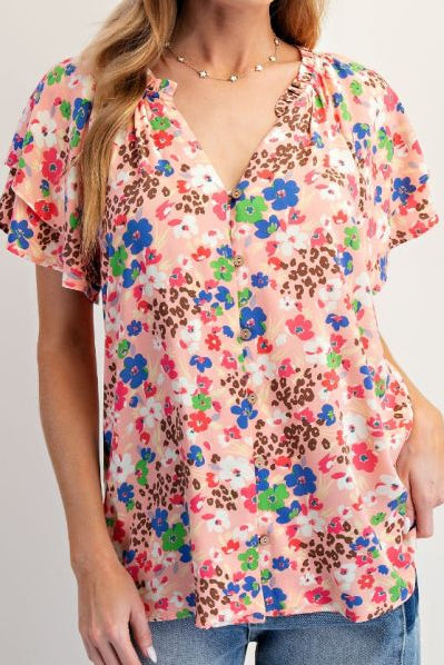 EASEL SHORT SLEEVED FLOWERED BLOUSE
