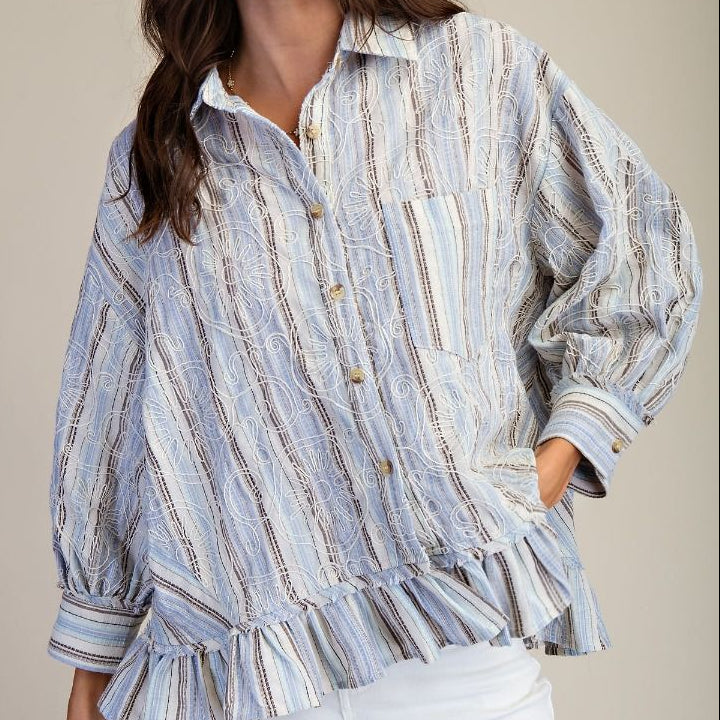 EASEL BLUE STRIPE BUTTON DOWN LS RUFFLE BOTTOM BLOUSE