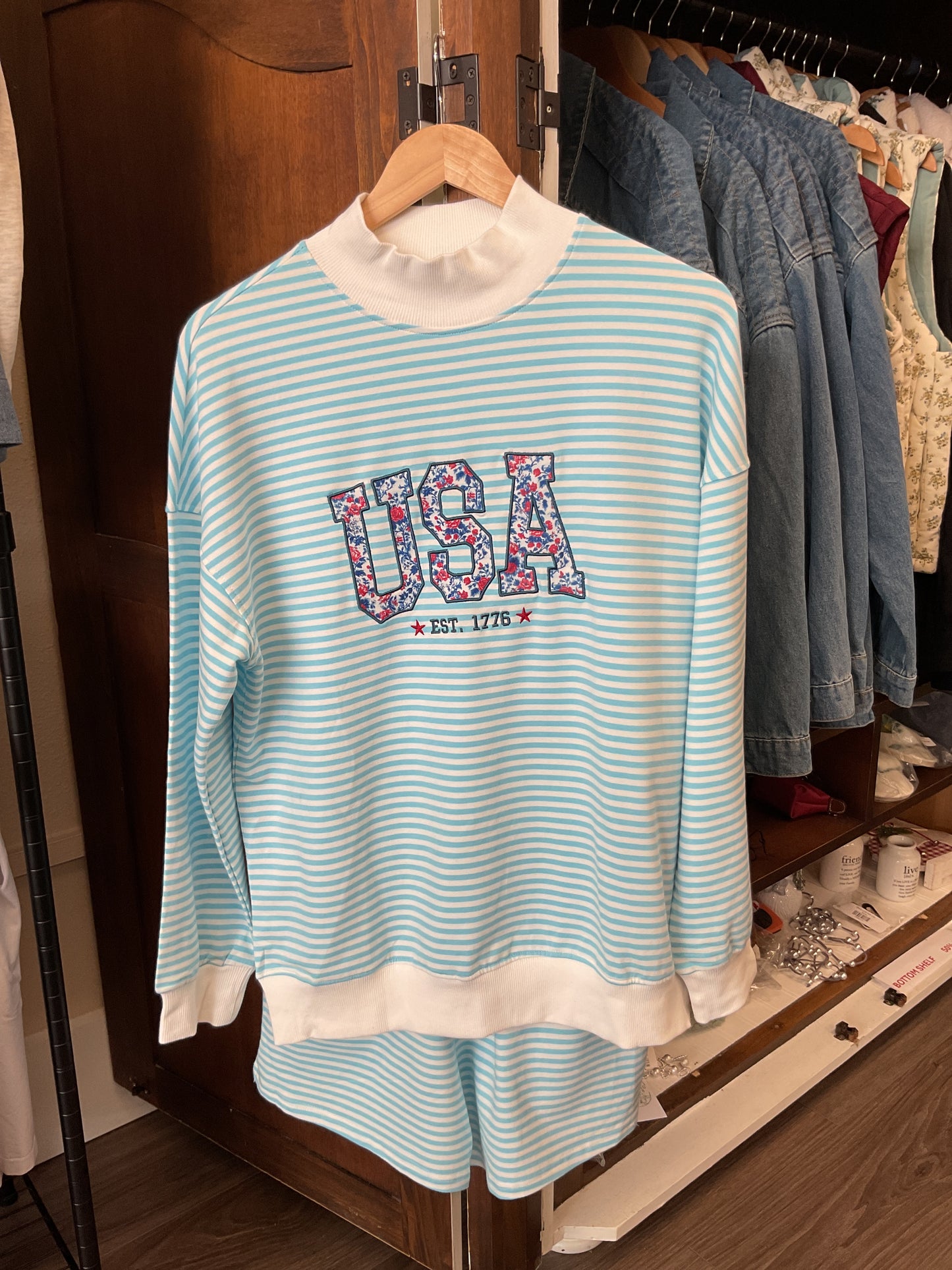 Striped Blue USA Crewneck Sweatshirt & Short Set