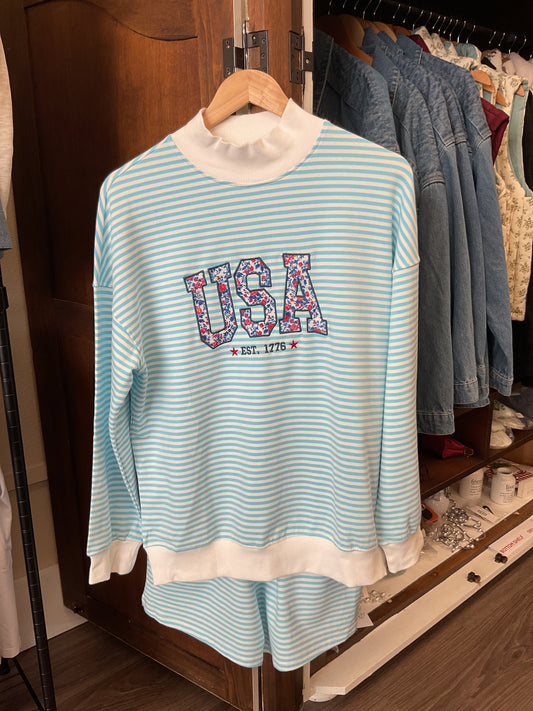 Striped Blue USA Crewneck Sweatshirt & Short Set