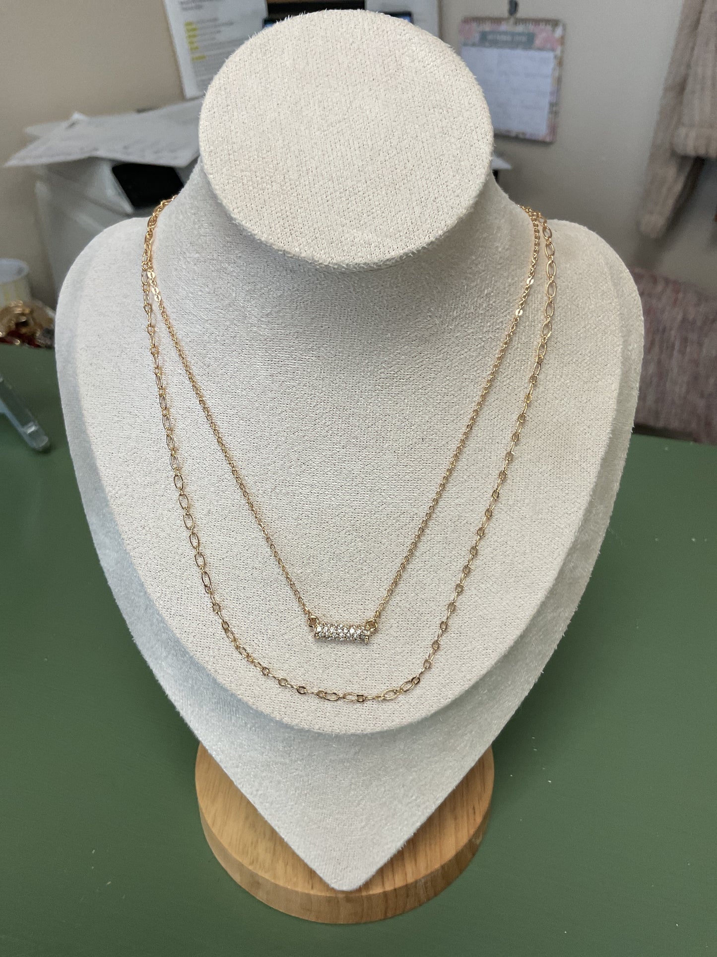 Gold thin chain double layered necklace w/studs