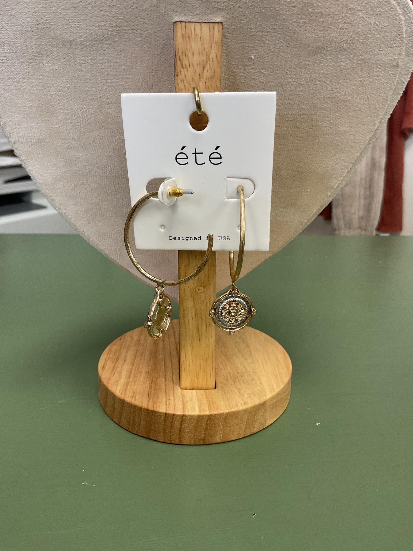 GOLD THIN HOOP EARRINGS WITH TWO-TONED COIN CHARM