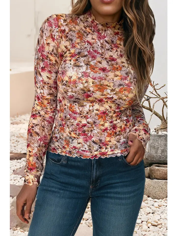LDC MOCK MESH FLORAL LS TOP