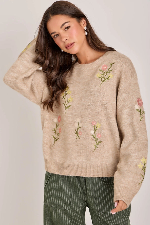 BON SWEATER TAN WITH STITCHED FLOWERS