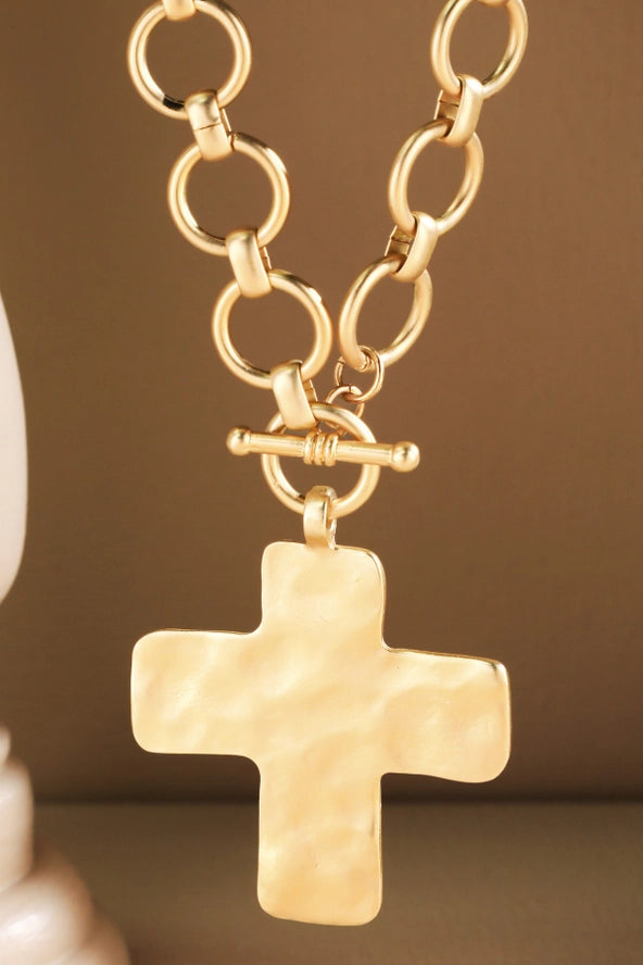 LARGE HAMMERED CROSS NECKLACE