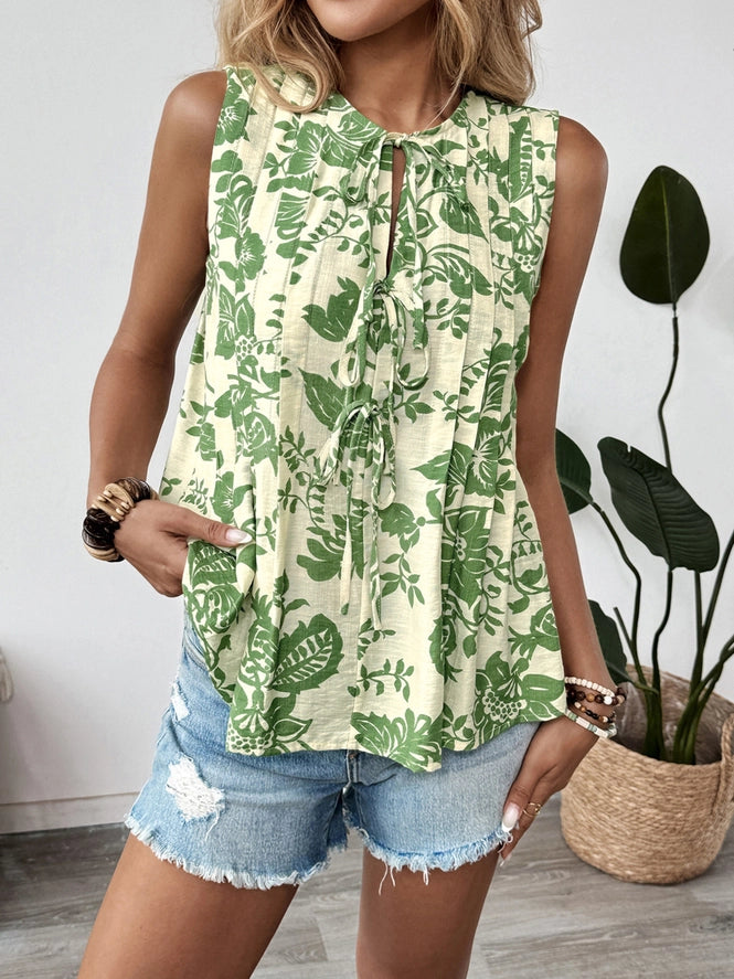 GREEN & CREAM FLOWERED TANK TOP W PLEATS AND BOWS ON FRONT