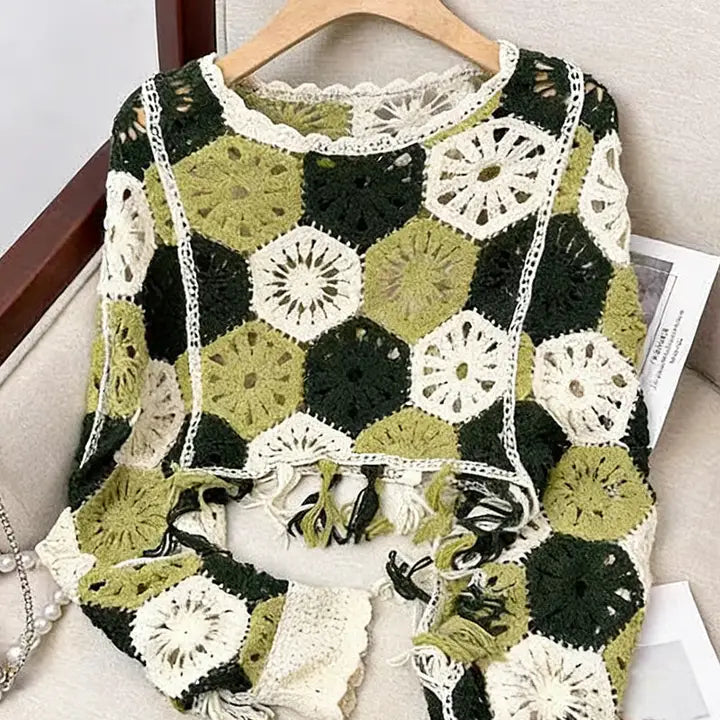 CROCHET GREEN AND CREAM SWEATER