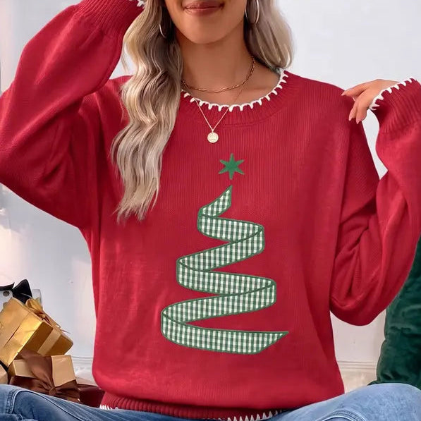 RED CHRISTMAS SWEATER W GREEN CHECKERED TREE
