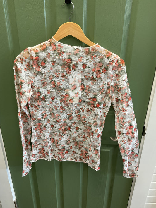 SHEER LONG SLEEVE TOP WITH RED FLOWERS