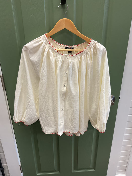 OFF WHITE BLOUSE W/RED AND WHITE STRIPED TRIM