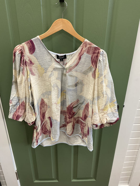 BLUE, PURPLE, AND GREEN FLORAL 3/4 SLEEVE BLOUSE