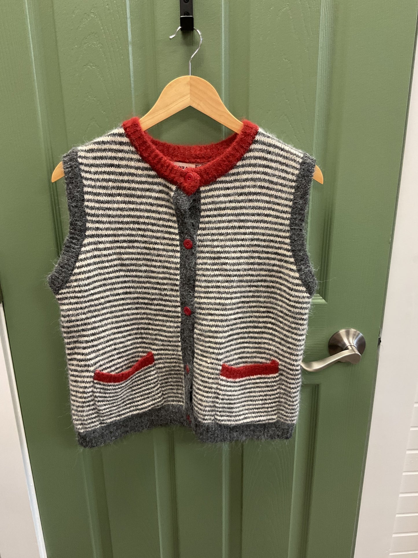 GRAY VEST W/CREAM STRIPES AND RED TRIM