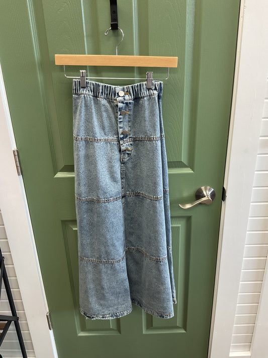 LONG DENIM PATCHWORK SKIRT BUTTON FLY