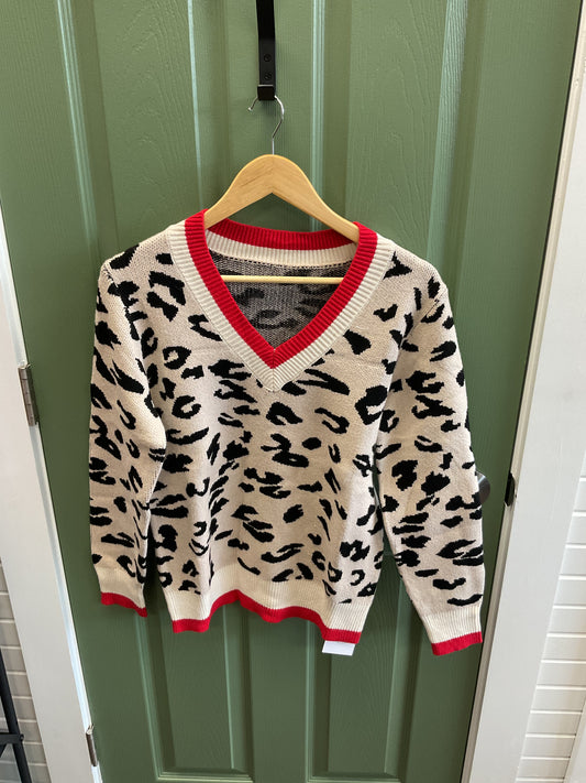 LEOPARD SWEATER TAN WITH RED/CREAM TRIM V NECK