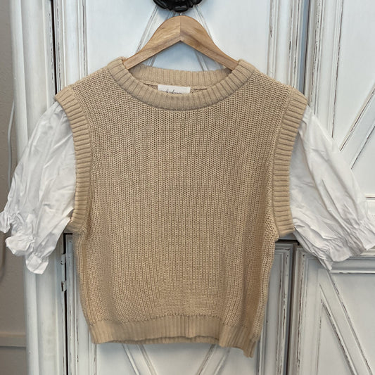 Cream sweater vest with white puffy short sleeves