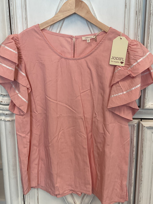 Pink ruffle short sleeve shirt