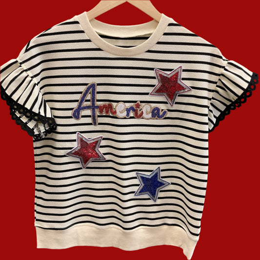 America sequin striped ruffle sleeve shirt