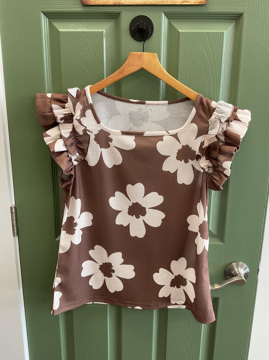 Brown ruffle sleeve flowered shirt