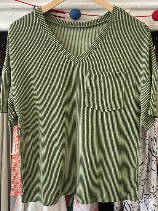 Green corded v neck pocket T shirt