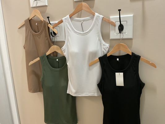 Solid color, crewneck tank top with built-in bra
