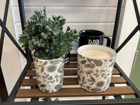 Cream & gray flowered vase w cream candle
