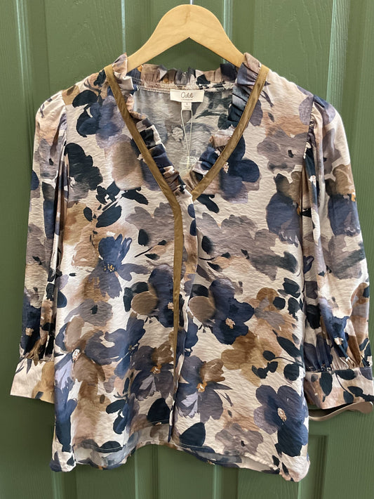 Blue and khaki blouse with ruffled collar