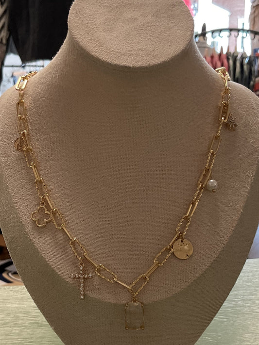 Gold charm necklace w/ heart, horseshoe, flower, pearl, circle