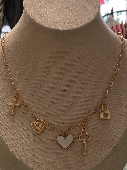 Charm necklace w/ cross, heart, white heart, key, lock