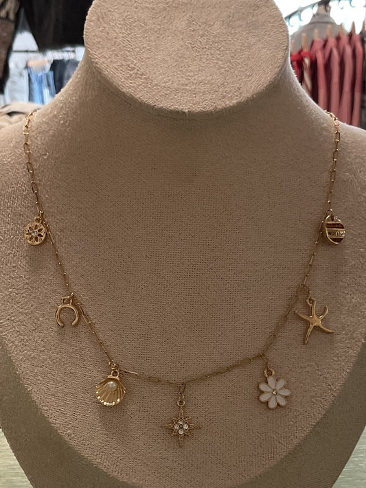 Gold charm necklace w/ beach theme
