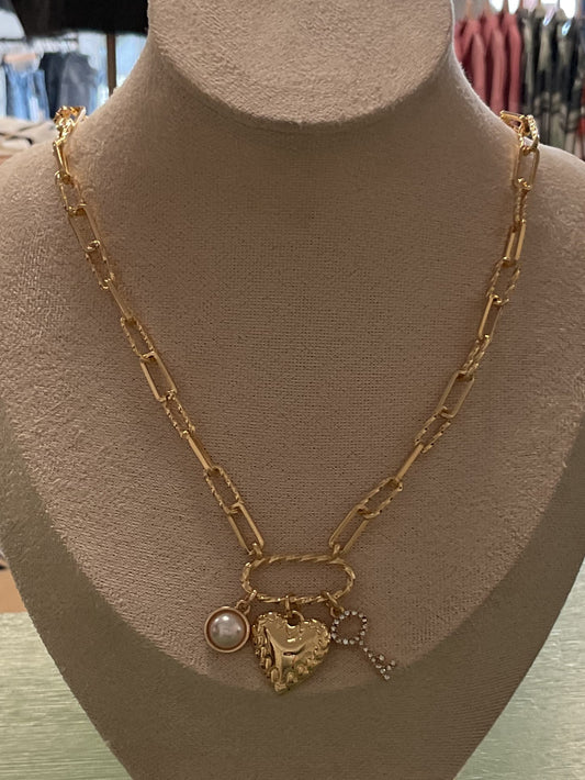Gold chain necklace w/pearl, heart, and gemstone key charms w/ stud earrings
