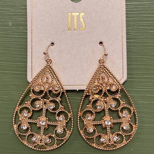 Gold intricate teardrops gemstone dangle earrings