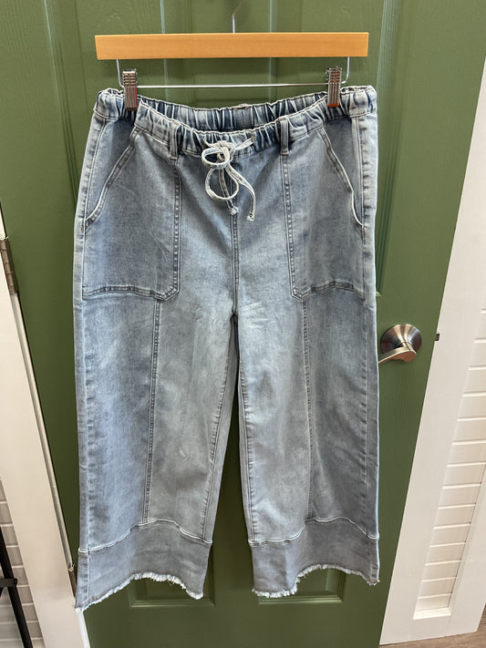 WIDE LEG DENIM PANTS DRAWSTRING SEAMS DOWN MIDDLE