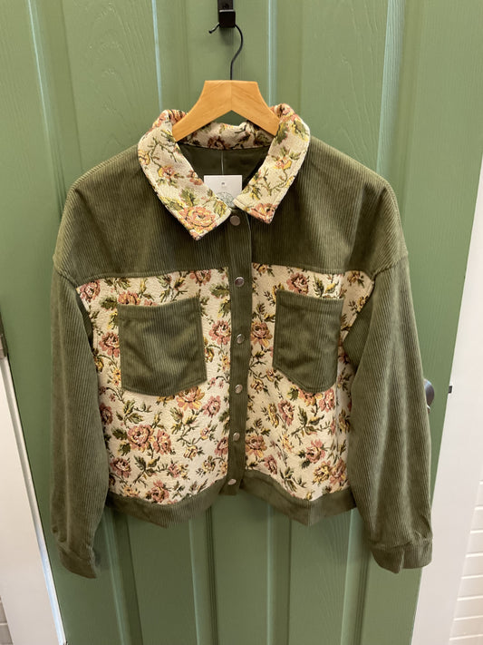 OLIVE GREEN COURDOROY JACKET WITH PATCHWORK FLOWERS