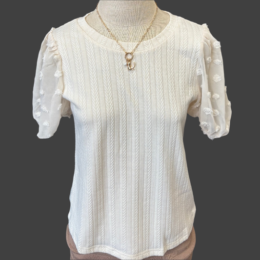 Cream dot mesh puff short sleeve shirt