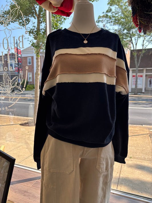 Navy sweatshirt with cream and khaki stripe