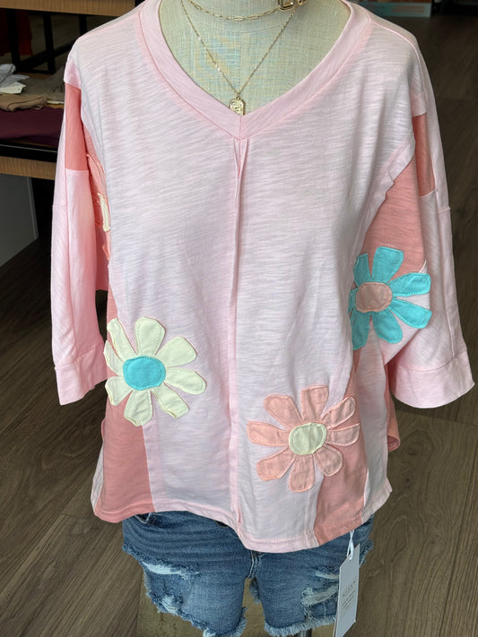 Flower patch pink 3/4 sleeve cotton shirt