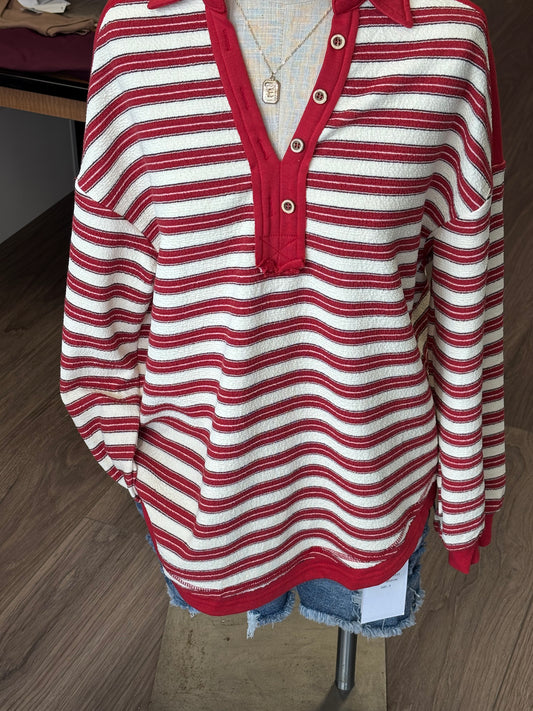 Striped collared 3-quarter button up long sleeve sweater