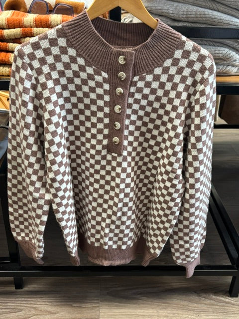 BROWN CHECKERED SWEATER WITH BUTTON NECK